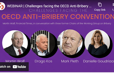 Promotional image for a webinar titled 'Challenges Facing the OECD Anti-Bribery Convention.' Features four speakers: Martin Wolf, Drago Kos, Mark Pieth, and Danielle Goudriaan, with text overlay and a purple background.